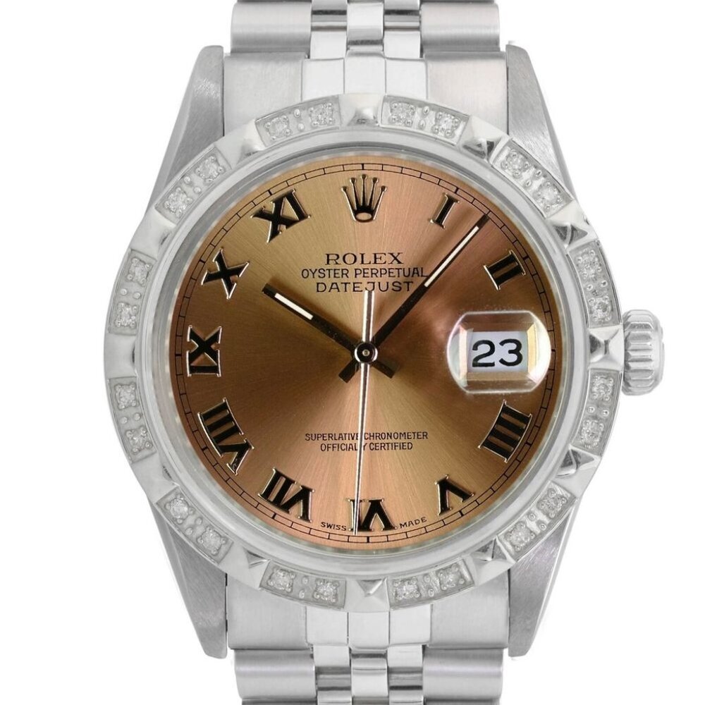ROLEX DATEJUST SALMON ROMAN DIAL 18KW PYRAMIND-DIAMOND STEEL JUBILEE WATCH 16014